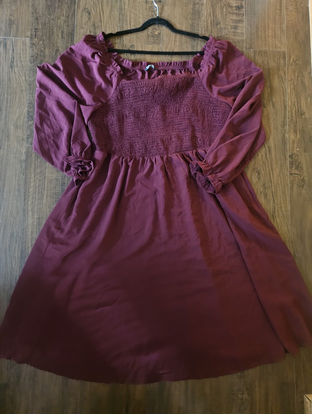 NWOT Womens Plus Burgundy Smocked Square Neck Long Sleeve Dress Sz 26 3x 4x. #G